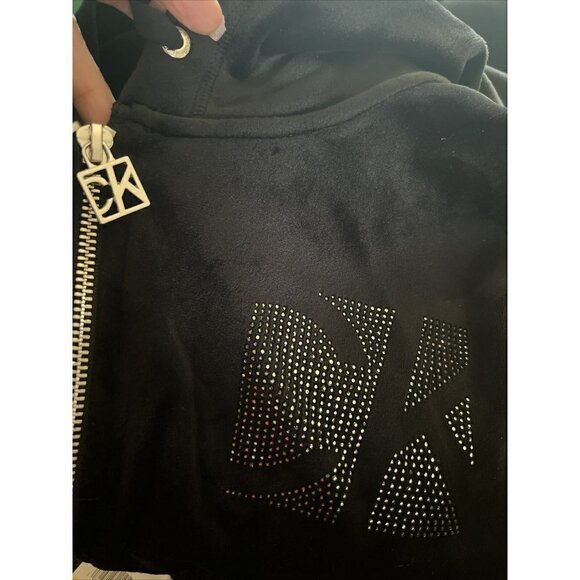 NWT Calvin Klein velvet Hoodie Sweatshirt MEDIUM Black Rhinestone Logo - Picture 5 of 7